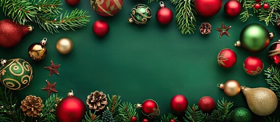 Wall Mural - Vibrant green New Year Noel and Christmas backdrop featuring red green and golden ornaments fir tree balls and decorations Flat lay top view copyspace