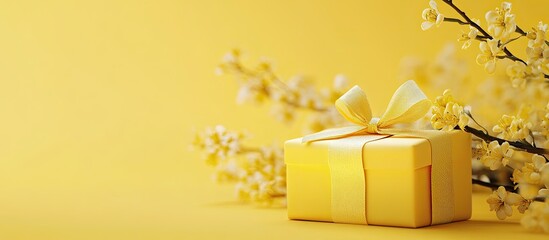 Poster - spring present on a yellow backdrop. with copy space image. Place for adding text or design