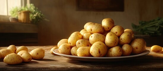 Poster - Many potatoes Numerous potatoes resting on the plate The potatoes on the plate and spread across the table The potato harvest Vegetables for a nutritious diet. with copy space image