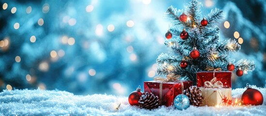 Aufkleber - Christmas background featuring a Christmas tree New Year gifts and holiday decorations for winter. with copy space image. Place for adding text or design