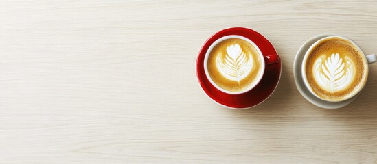 Aufkleber - Aromatic coffee in a red cup topped with milk foam and latte art alongside freshly brewed coffee in a white cup arranged on a light wooden table Flat lay. with copy space image