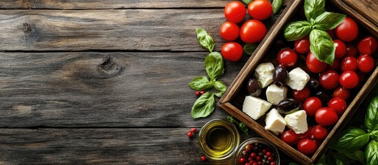Aufkleber - Mozzarella cheese cherry tomatoes basil leaves oil and olives arranged in a wooden box Top view Copyspace available for text