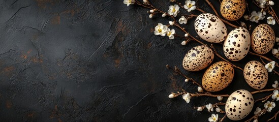 Aufkleber - Vintage backdrop featuring Easter eggs Classic kitchenware against a dark background Easter scene with eggs and spring branches Overhead view with copy space