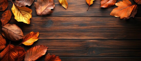 Poster - Autumn arrangement Leaves on a wooden surface Flat lay top view copyspace