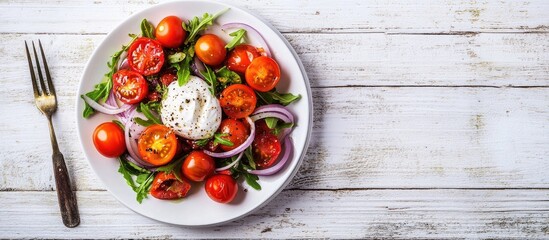 Aufkleber - A fresh simple salad featuring cherry tomatoes sour cream and sweet red onion on a plate with a vintage fork against a rustic white wooden background Top view. with copy space image