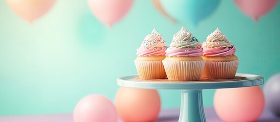 Poster - Delicious cupcakes on a stand and cake placed on a table against a colorful background. with copy space image. Place for adding text or design