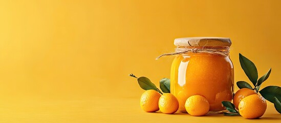 Fototapete - Jar of delicious kumquat jam and fresh fruits set against a yellow background. with copy space image. Place for adding text or design