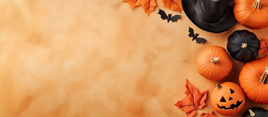 Poster - Halloween decorations against a light brown background Halloween theme Flat lay top view copy space