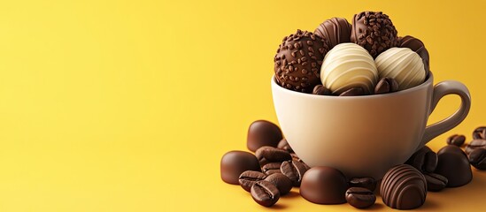 Aufkleber - A cup filled with coffee beans and chocolate candies set against a yellow background. with copy space image. Place for adding text or design