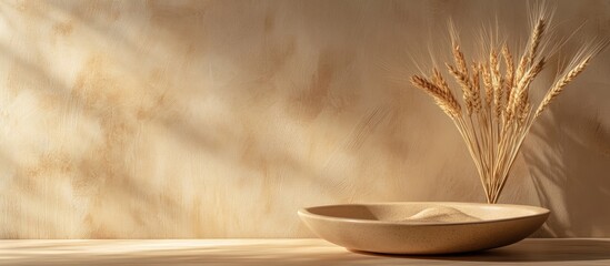 Poster - Sheaf on beige dish and wooden backdrop. with copy space image. Place for adding text or design