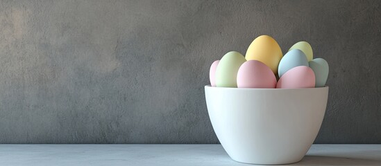 Poster - Easter still life featuring Easter eggs Easter eggs in a white container Easter greeting card. with copy space image. Place for adding text or design
