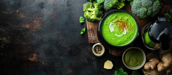 Poster - Prepare green cream soup using vegetables Broccoli cream spices and a blender on a dark wooden table top view copy space