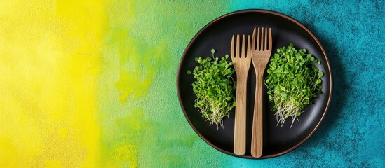 Poster - Top view of a plate featuring fresh organic sprout microgreens accompanied by wooden cutlery on a vibrant two tone background Healthy raw food concept Copy space for text Selective focus