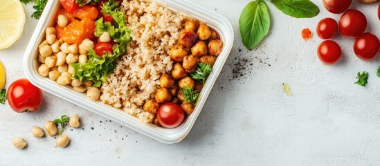 Poster - Lunch box filled with delicious food on a light background. with copy space image. Place for adding text or design