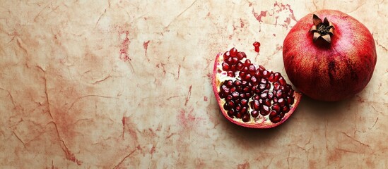 Poster - Textured vintage paper background featuring a halved pomegranate. with copy space image. Place for adding text or design