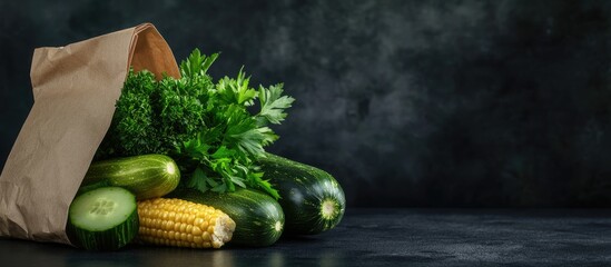 Fototapete - Only green vegetables emerging from a paper bag Concept for a vegetarian recipe Spring onion cucumber courgettes parsley and corn isolated on black. with copy space image