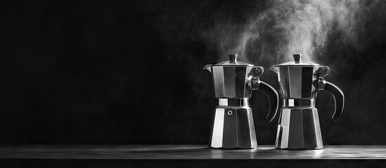 Leinwandbilder - Steam coffee maker on a table Two coffee makers against a black and white background. with copy space image. Place for adding text or design