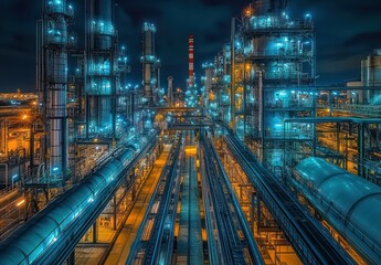 Nighttime Panorama of Illuminated Industrial Refinery Plant