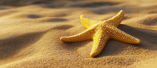 Poster - The yellow starfish rests on a sandy beach Room for text. with copy space image. Place for adding text or design