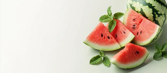 Leinwandbilder - Ripe watermelon slices with mint on a green table set against a white background. with copy space image. Place for adding text or design