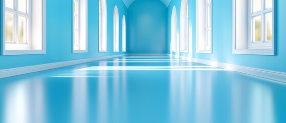  A long hallway with bright blue walls and white trim on the floors Windows line both sides
