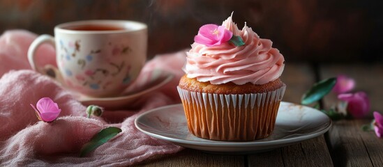 Poster - Homemade decorative cupcake with tea. with copy space image. Place for adding text or design