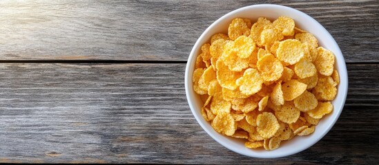 Fototapete - Corn flakes topped with honey in a white bowl on a wooden surface Top view Copy space