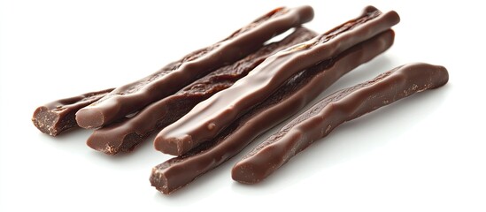 Fototapete - Chocolate covered dried mango pieces Dried mango fruit sticks are coated in milk chocolate against a white background. with copy space image. Place for adding text or design