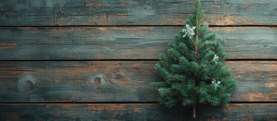 Poster - Christmas backdrop featuring a fir tree on rustic wood Christmas Card. with copy space image. Place for adding text or design