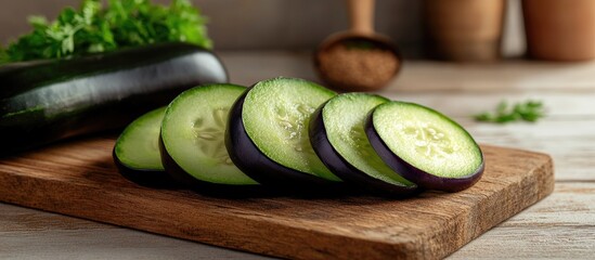 Fototapete - Sliced eggplant and cucumber arranged on a wooden cutting board A healthy vegetable idea for a diet. with copy space image. Place for adding text or design