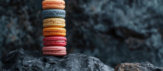 Poster - A stack of colorful and sweet French macaroons set against a dark rock backdrop. with copy space image. Place for adding text or design