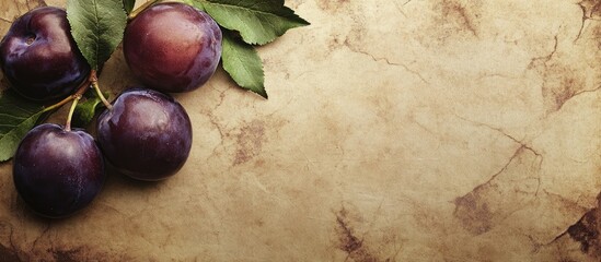 Poster - textured vintage paper background featuring plums. with copy space image. Place for adding text or design