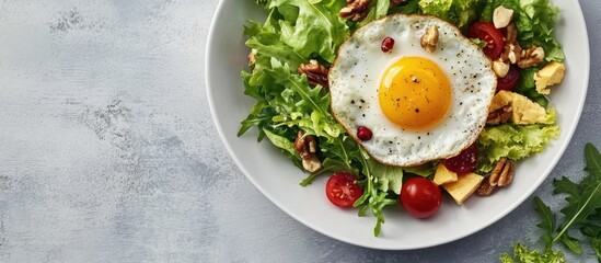 Poster - Ketogenic meal Fried egg cheese nuts and fresh salad Keto paleo breakfast. with copy space image. Place for adding text or design