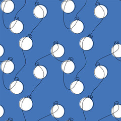 Hand drawn seamless pattern vector. Christmas tree ball bauble line continuous background. Holiday illustration, banner, card, poster, festive blue white ornament, wallpaper, print.