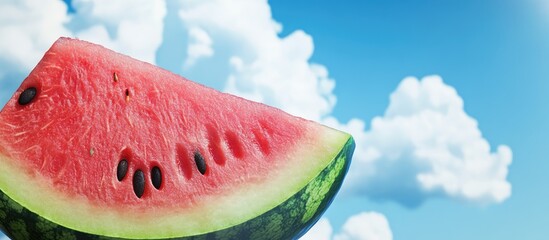 Leinwandbilder - a slice of ripe watermelon set against a blue sky summer still life. with copy space image. Place for adding text or design