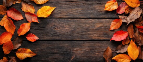 Canvas Print - Autumn arrangement of vibrant leaves against an old wood planks background Flat lay top view copy space