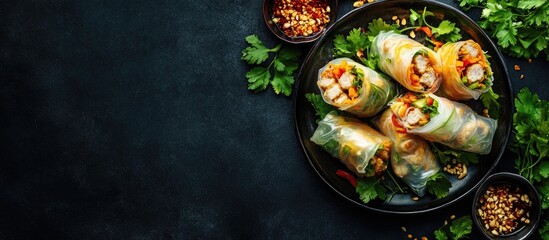 Poster - The idea of contemporary Vietnamese cuisine Fried rice paper rolls filled with vegetables and chicken Meatball wraps Background image Copy space