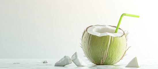 Aufkleber - Broken coconut and green coconut with a straw on a white background. with copy space image. Place for adding text or design