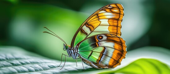 Poster - Close up of a Siproeta stelenes Malachite butterfly resting beneath a leaf. with copy space image. Place for adding text or design