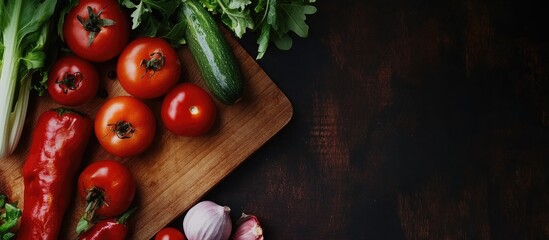 Fototapete - A selection of raw organic vegetables arranged as a frame on a blank wooden chopping board Dark toned image. with copy space image. Place for adding text or design