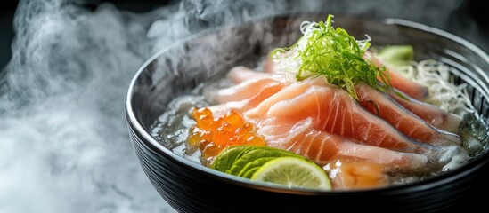 Poster - Shabu shabu is a Japanese dish featuring yellowtail which is seafood enjoyed when boiled. with copy space image. Place for adding text or design