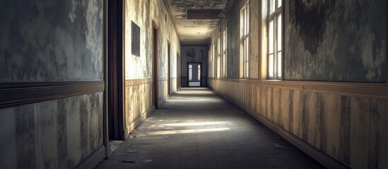 Wall Mural - abandoned empty hallway in a historic structure. with copy space image. place for adding text or des
