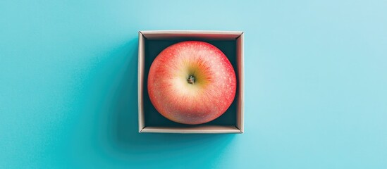 Poster - Attractive pink apple in a box against a blue background. with copy space image. Place for adding text or design