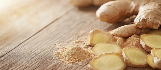 Poster - Ginger root sliced ginger and ginger powder on a wooden table background with space for text. with copy space image. Place for adding text or design