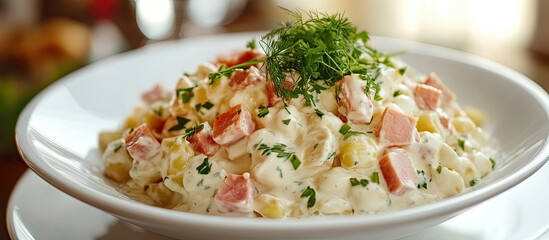 Poster - Traditional Russian Olivier salad featuring vegetables ham and mayonnaise selective focus image. with copy space image. Place for adding text or design