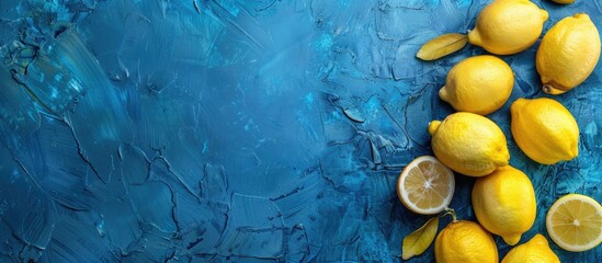 Fototapete - Whole lemons arranged on a blue textured summer background featuring copy space for text
