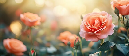 Aufkleber - orange pink coral roses in the garden. with copy space image. Place for adding text or design