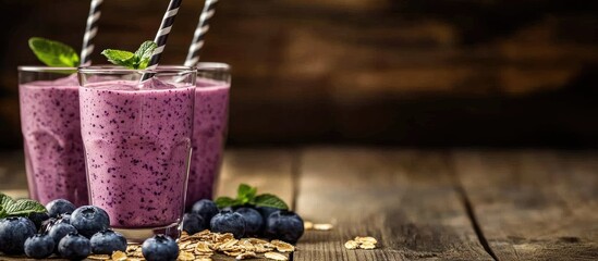 Leinwandbilder - Glasses of delicious blueberry smoothie with oatmeal on a wooden table Room for text. with copy space image. Place for adding text or design