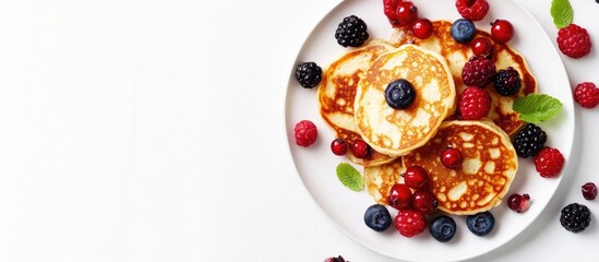 Fototapete - Syrniki or cottage cheese pancakes with berries on a white background Top view Russian and Ukrainian cuisine. with copy space image. Place for adding text or design