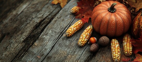 Fototapete - Autumn theme featuring pumpkins corn leaves and acorns on aged wood for Thanksgiving or Halloween holiday ideas. with copy space image. Place for adding text or design